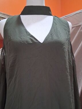 bebe Olive Green Dress with V-Neck and Cold-Shoulder Detail